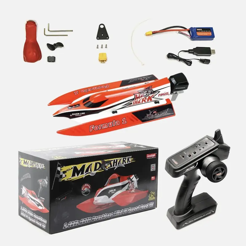 Mad V2 443mm F1 Brushless Motor RC Speed Boat - 2.4GHz RTR, Outrunner, ABS Plastic, 11.1V 1300mAh 35C LiPo Battery, Waterproof, Self-Righting, GI Remote Control, for Adults, Lake & Pool