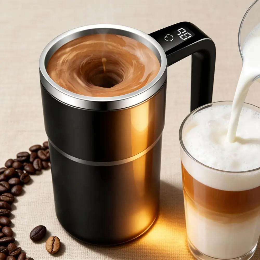 Intelligent Automatic Magnetic Stirring Coffee Mug with Temperature Display Rechargeable Multifunctional Spin Mug for Home Office Kitchen Travel Birthday Gift Cup Drinkware