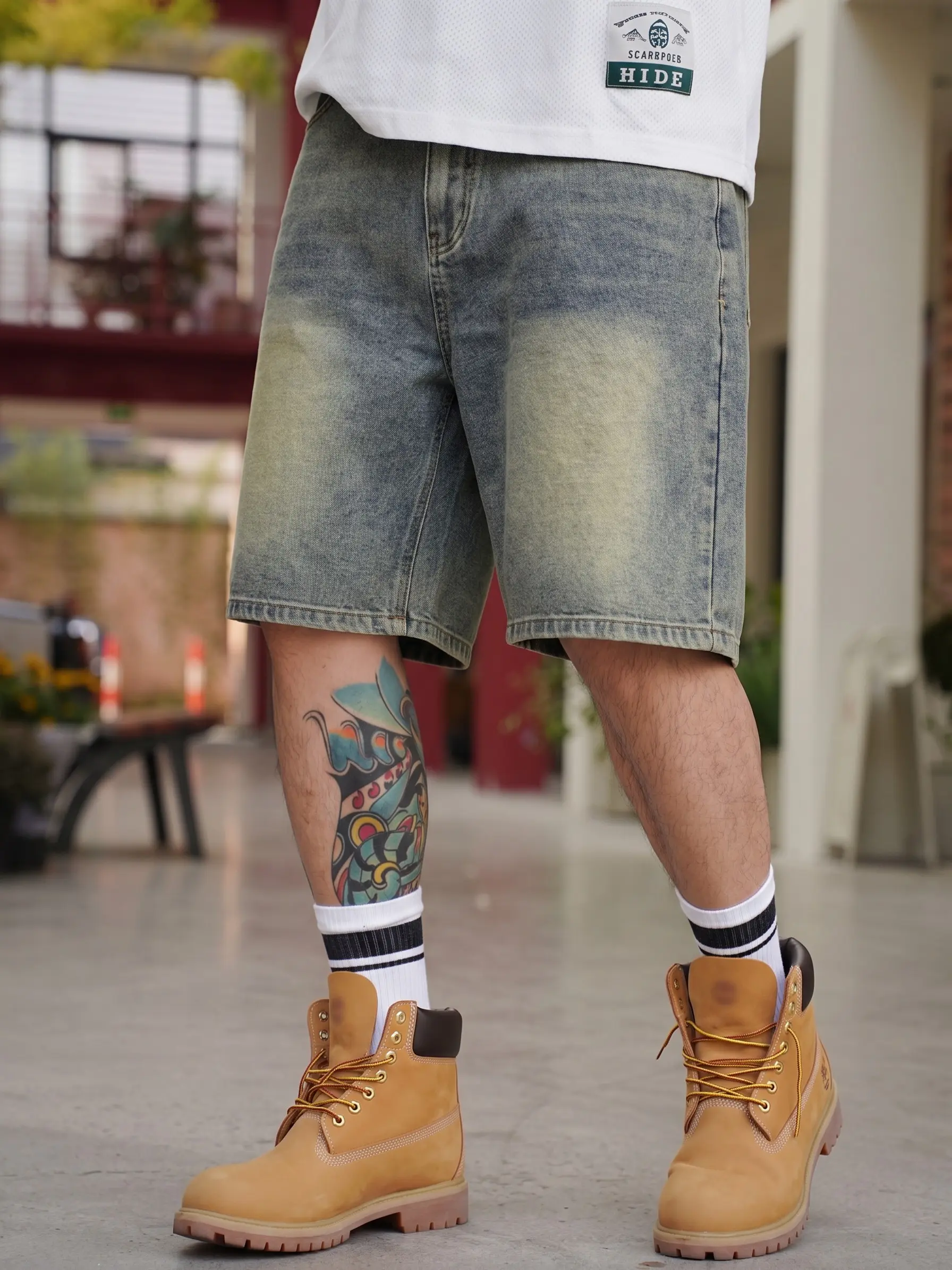 Men's Vintage Washed Denim Shorts, Relaxed Fit High Street Style with a Minimalist Vibe for Casual Summer Menswear, Jeans, Matching, Breathable, Plain, Hoodie, Day, Simple, Stylish