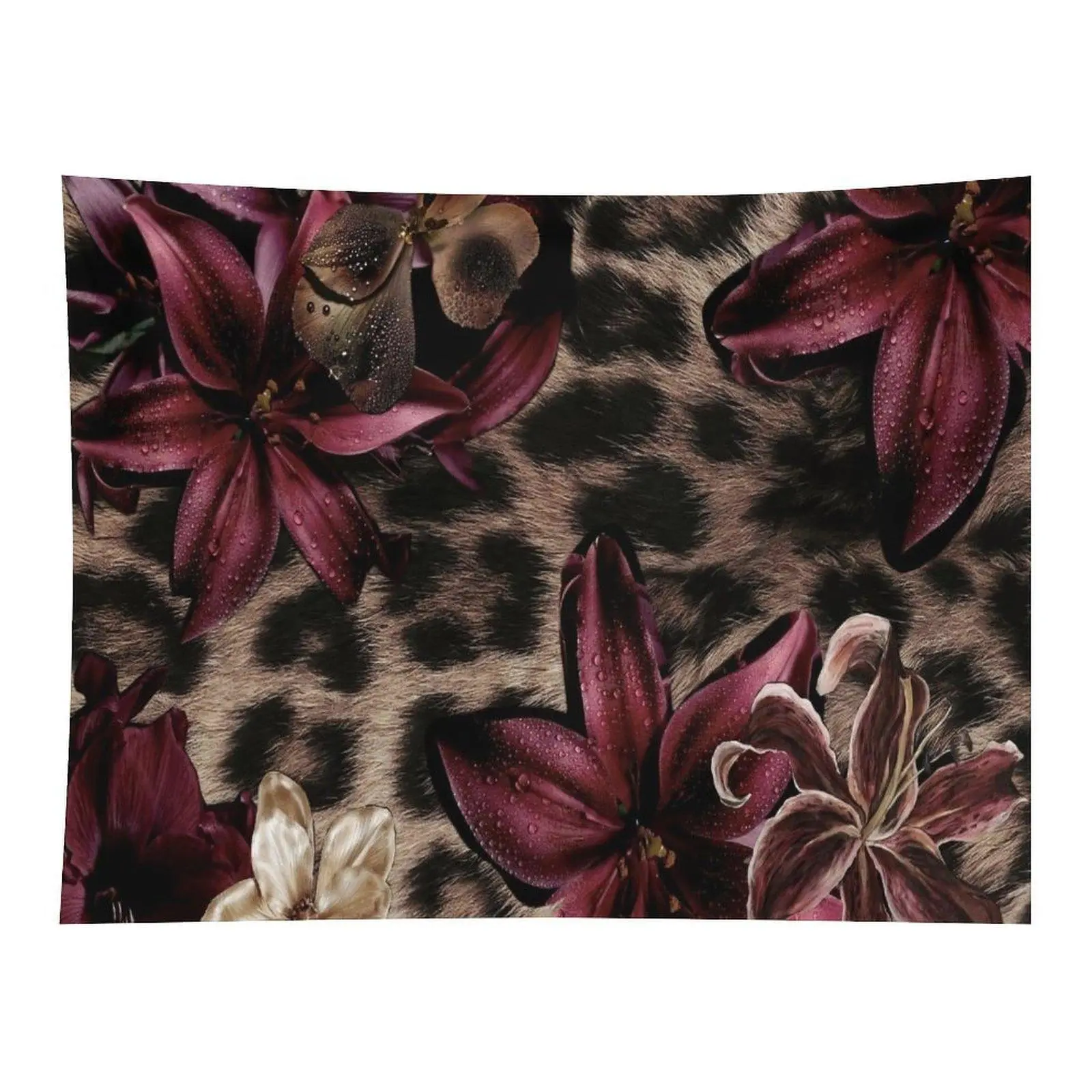 Dark Leopard Print Burgundy Dewy Lily Floral Wall Tapestry Wall Hanging, Gothic Wildflower Animal Skin Mix Art Decor for Moody Bedroom Farmhouse Dorm Altar Wall Decor