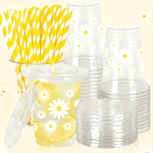 Daisy Theme Party Cups Set, Party Pack, 12oz Disposable Plastic Decorative Cups with Lids & Striped Straws, Perfect for Picnics, Weddings, Parties, Plastic Clear Cups