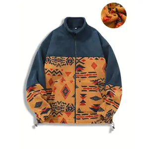 Men’s ethnic-style wool sports cardigan—warm, loose stand-collar jacket for autumn and winter; patchwork color casual home/outdoor streetwear; fashionable multifunctional jacket top