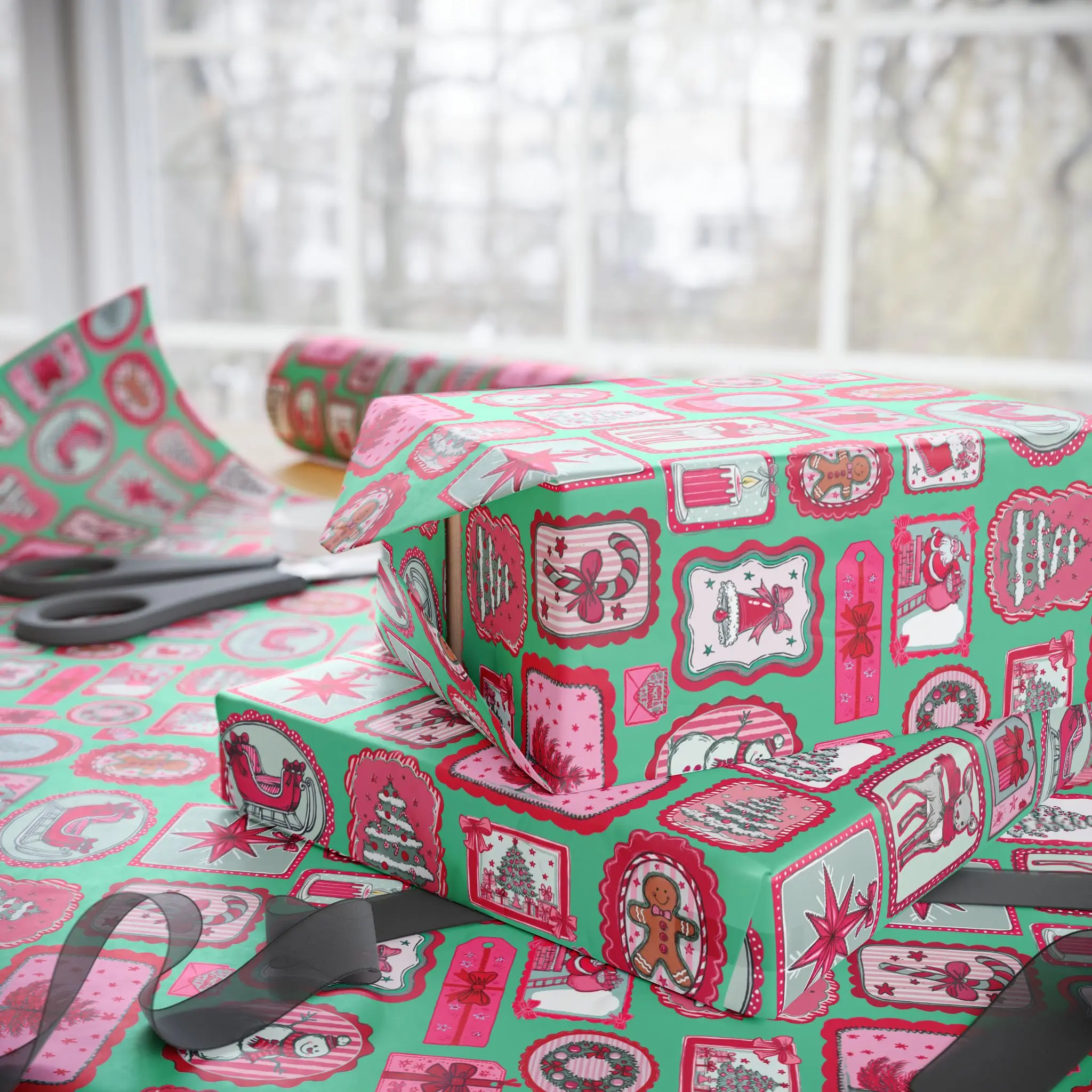 Wrapping Papers - Pink and Green Christmas Gift Wrap,  Festive Hand Drawn, Childrens Holiday Cute Bright Wrapping Paper,