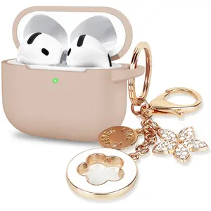 Silicone Case Cover for AirPods 4 Earbuds with Cute Bling Keychain for Women Girls Protection
