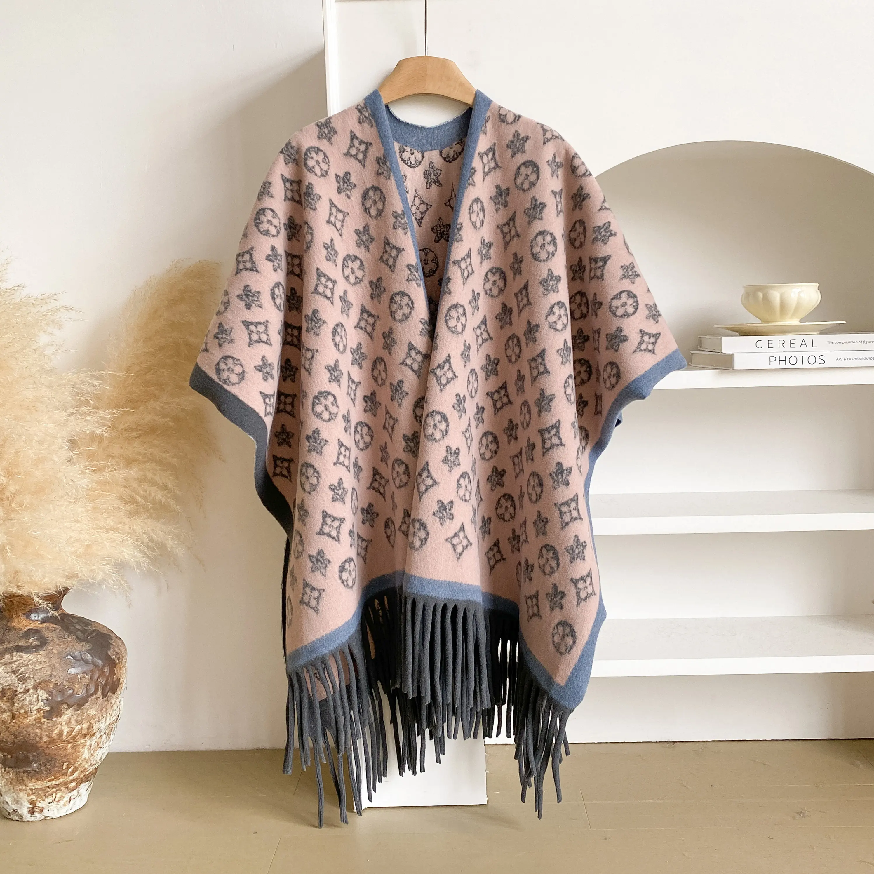 Women Vintage Pattern Printed Poncho Shawl Reversible Fringe Hem Open Front Cape Soft Warm Layering Wrap For Dresses Abayas