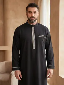 Islamic Traditional Men's Long Robe, Islamic Thobe, Modest Muslim Thobe, Saudi Thobe, Arabic Thobe, for Men, Blue Stand Collar Geometric Embroidery, Loose-Fit, All Seasons, Gift Idea