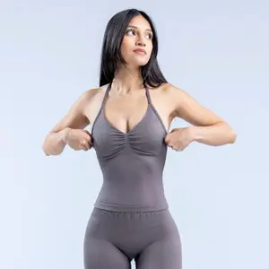 Impact longline strappy top with logo; women’s backless tank top made from high‑stretch, durable fabric with a built‑in bra; soft twill knit underbust waist‑contouring top.