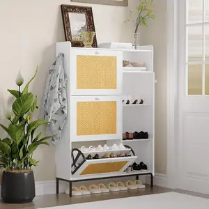 Rattan Wooden Multifunctional Storage Shoe Cabinet with 3 Flip Drawers, Adjustable Side Cabinets, Boho Style for Hallway, Living Room, Entryway Metal Organiser Racks