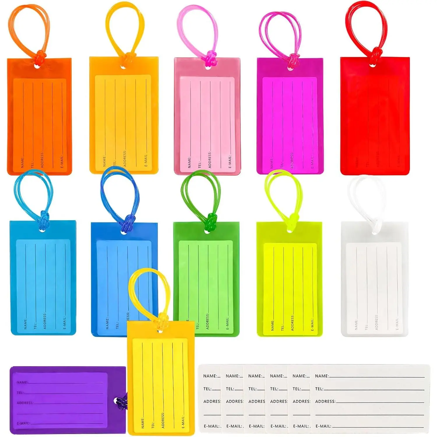 12 Pack Luggage Tags for Suitcases, PVC Travel Luggage Tag Cruise Bag Tags for Luggage Identifiers Colorful Baggage Name ID Labels with Loops & 6 Additional Cards