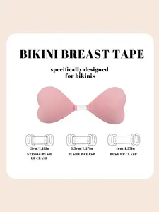 Heart-Shaped Invisible Adhesive Bra for Bikini Seamless Push Up Sticky Bra for Women Small to Large Breasts Backless Nipple Covers with Clear Straps Sweatproof Skin-Friendly Plunge Bra for Swimwear Summer Essentials Deep V Lift
