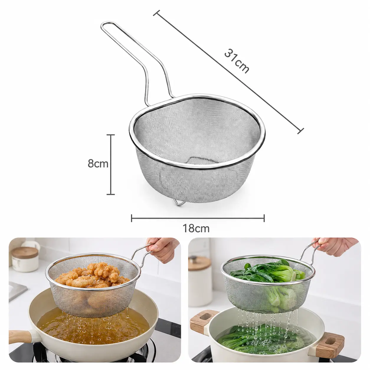Sturdy Stainless Steel Standing Mesh Strainer Basket with Handle, Metal Fine Mesh Deep Colander Utensils, Multipurpose Food Sieve with Draining Scoop for Noodles, Fruits, Frying, Kitchen