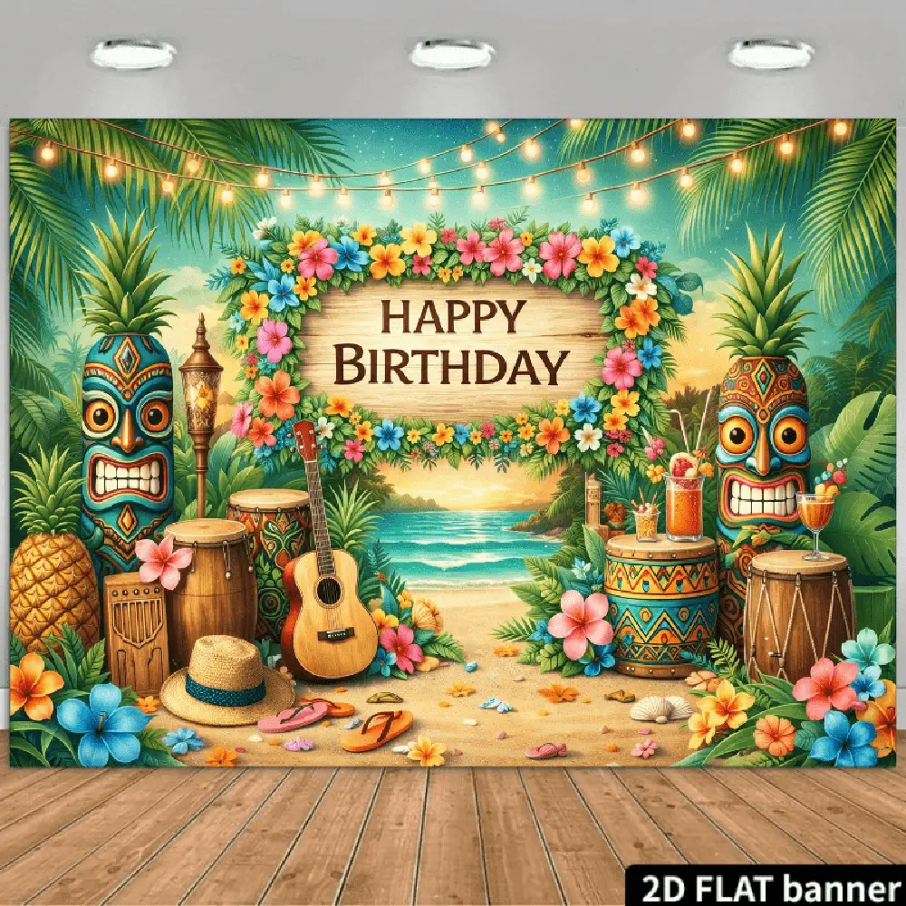 1PC,2D Flat Backdrop Hawaiian Tropical Birthday Party Backdrop, Summer Beach Hula - themed Decorative Cloth, Bohemian - style Party Photo Background, Backdrop with Flowers, Palm Trees, Guitar and Drum Elements for Birthday Scene D