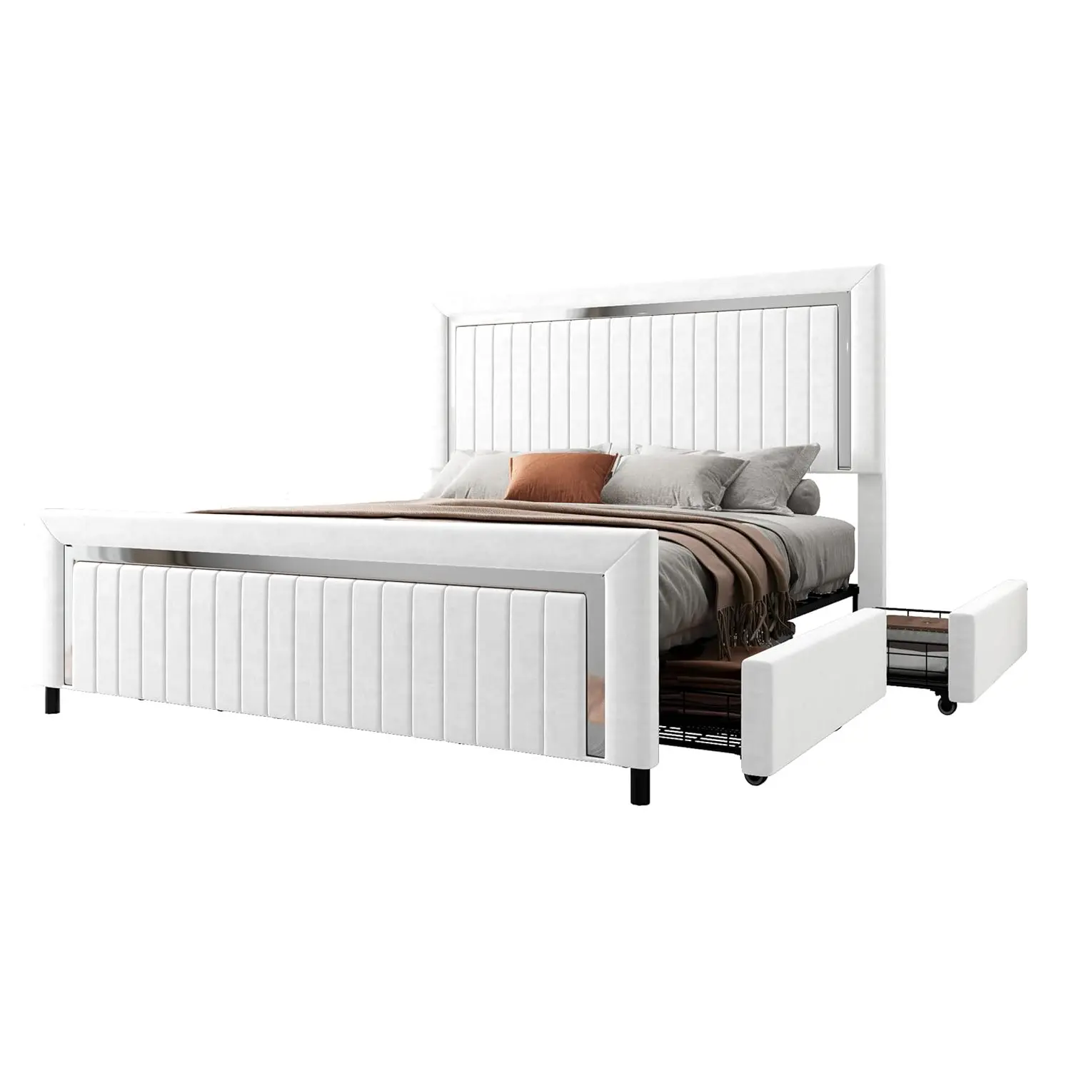 VanAcc Upholstered Platform LED Bed Frame with 4 Storage Drawer, Adjustable Headboard with Vertical Channel, No Box Spring Needed/Christmas Gift #homemakeover