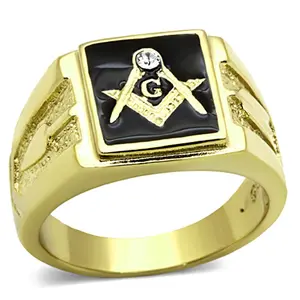 Men's Masonic Lodge Free Mason Ring in Yellow Gold Plated Stainless Steel Jewelry