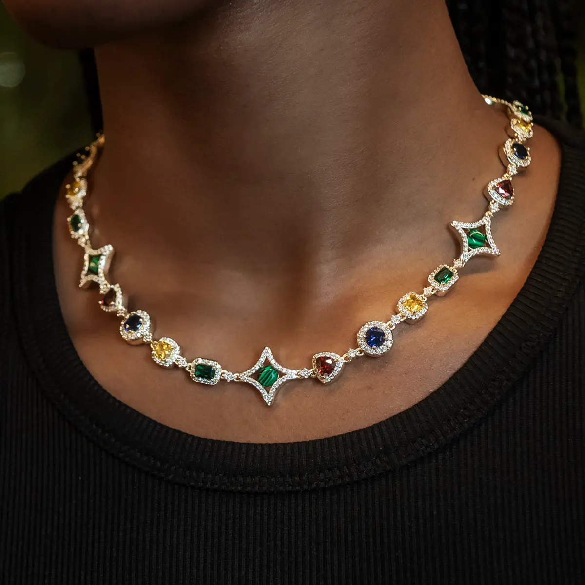 Colored Gemstone Necklace 18k Yellow Gold Plated, Statement Piece, Hypoallergenic - Lifetime Guarantee, Perfect Gift