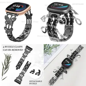 Metal strap suitable for Fitbit Versa 4/Versa 3/Sense 2/Sense Band compatible, Cuban chain bracelet with cute pendant, love cross strap, tool free disassembly women's strap, Smart watch accessories 2 se