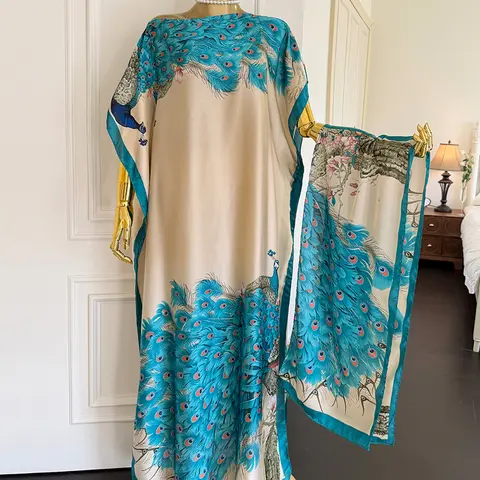 Moomoo Women's 2-Piece Peacock Scarf & Poncho Matching Set - Luxe Imitation Silk Soft Wrap, Beach-to-Lounge Swimsuit Cover Up, Fashion Scarves & Shawls Accessories, kaftans for women,sohochic
