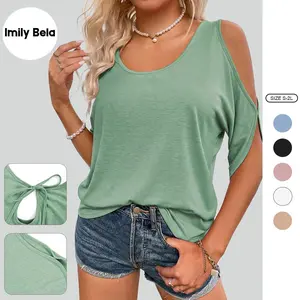 Imily Bela Women Cold Shoulder Tops Summer Short Sleeve Shirt Scoop Neck Tee Casual Loose Fitting Solid Color Tunic Top
