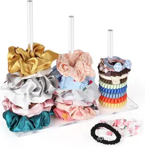 3-Tiers Scrunchie Holder Stand, Acrylic Hair Ties Organizer, Clear HairBands Tower, HairElastics Storage, Hairs Accessories Organizer, Scrunchie Display for Women and Girls