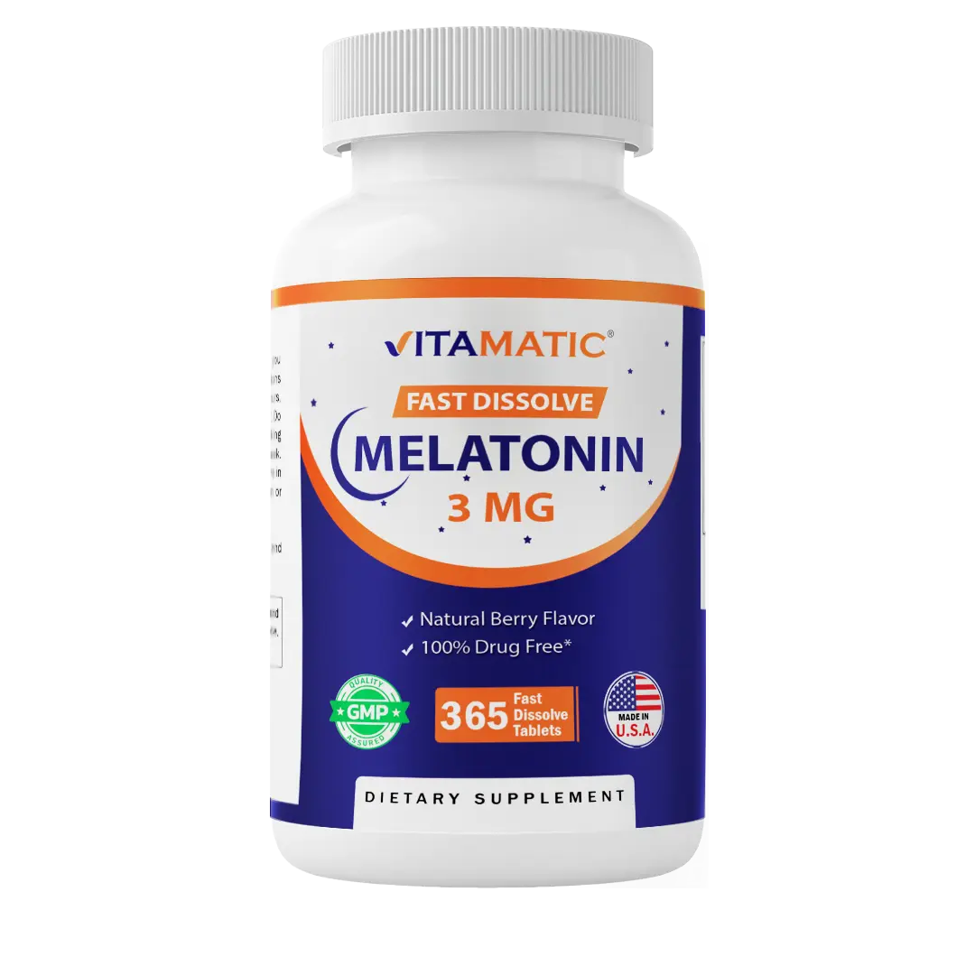 Vitamatic Melatonin 3mg Tablets | Vegetarian, Non-GMO, Gluten Free | 1 Year Supply | Natural Berry Flavor - 365 Tablets Healthcare Supplement Fitness Dietary