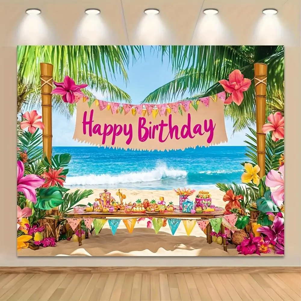 1pc Polyester Tropical Hawaiian Beach Birthday Backdrop Decor - Vibrant Palm Trees, Colorful Flowers, Ocean View, "Happy Birthday" Banner - Ideal for Summer Celebrations, Photo Props