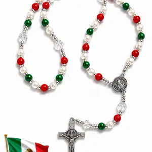 Mexico Catholic Handmade Rosary with 8mm Colored Glass Beads and 10mm Crystal-Cut Hail Mary Beads