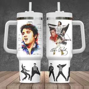 Popular Elvis Music 40oz Tumbler with Handle Gift For Fans, Rock And Roll Tumbler Cup