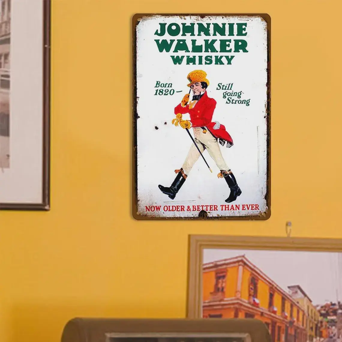 Johnnie Walker Classic Logo Vintage Whisky Metal Sign, 8x12in Retro Wall Plaque, Elegant Home Bar & Lounge Decor, Gift for Whisky Collectors