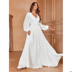 ForGraduation ElisanyaAppliquesVNeckLanternSleeveWeddingDressWhiteElegantLongSleeveFormalEveningPromWeddingGuestGown DinnerPartyDress