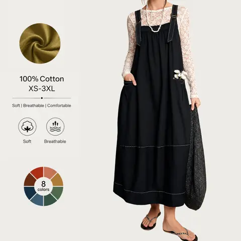 Yeokou Women's Fall Barrel Dress Maxi Cotton Dress with Big Pockets & Adjustable Straps Minimalist