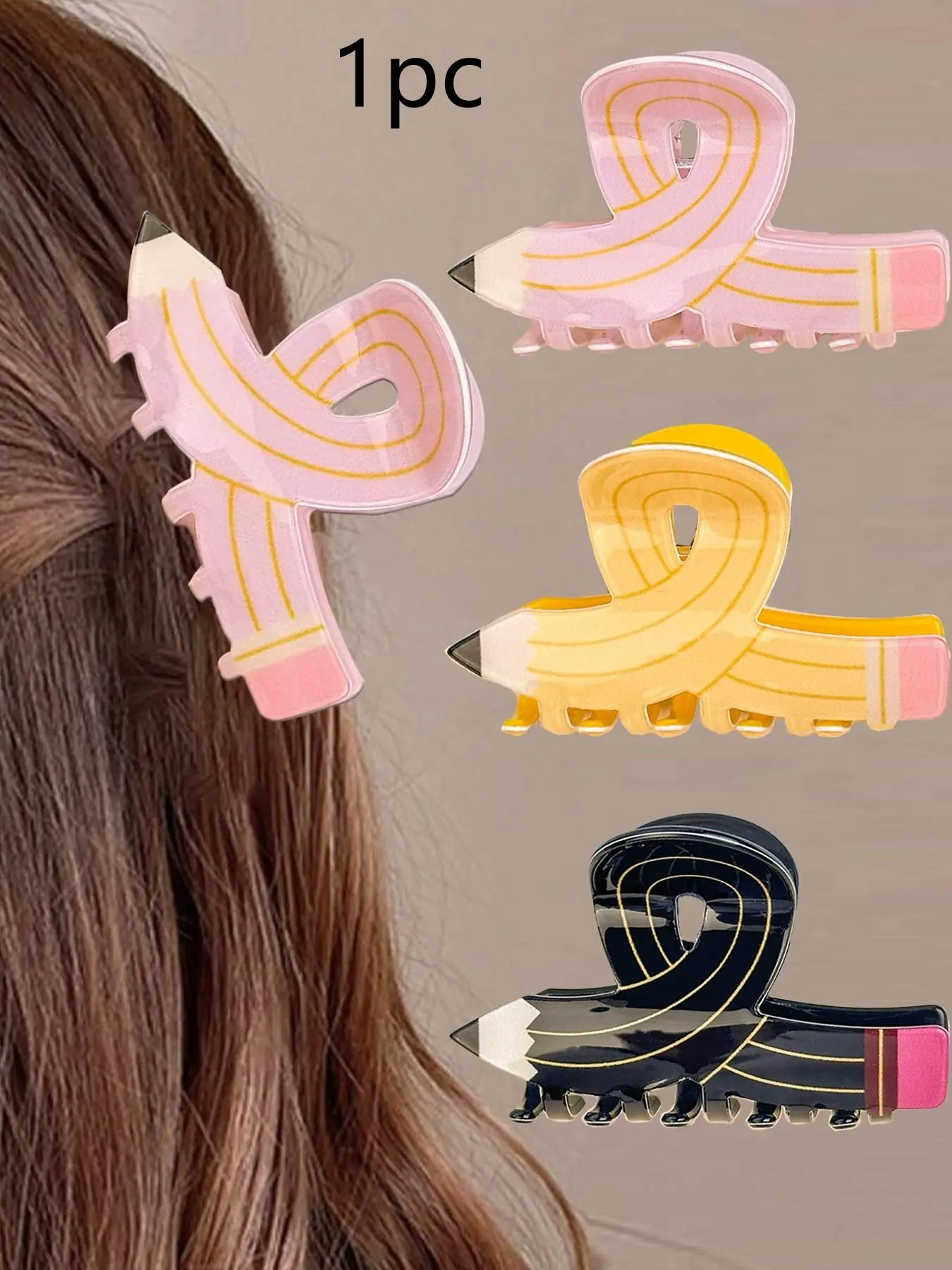 1pc Women's Fun Design Pencil Hair Claws, Claw Clip, Fun Claw Clips, Cute Campus School Hair Accessories, Cartoon Hair Claws, New Year Gifts, Teacher's Day Gifts, Graduation Hair Accessories, Office, Daily Fun Hair Accessories for Messy Bun