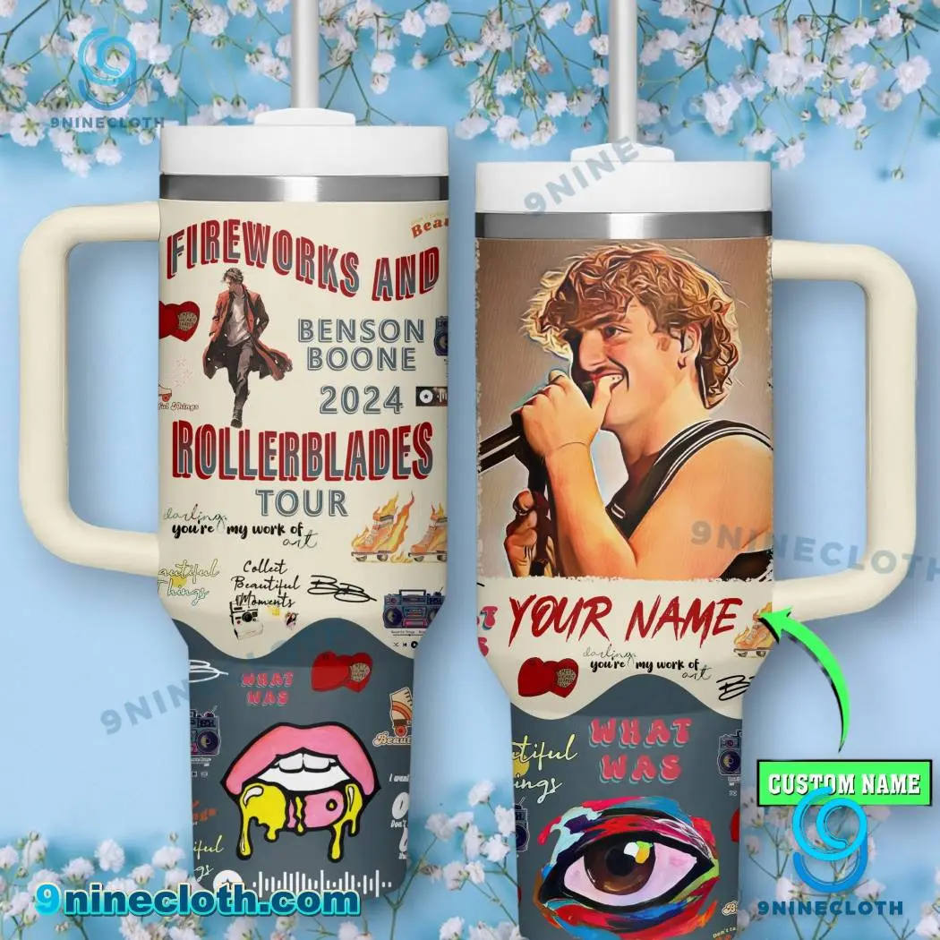 Benson Boone Fireworks & Rollerblades Tour 40oz Personalized Tumbler with Handle & Straw, Insulated Stainless Steel Travel Mug, Beautiful Things Fan Gift, Custom Name Coffee Cup, Pop Music Lover Drinkware