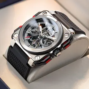 FEICE Men's Self-Winding Skeleton Mechanical Style Watch - Modern Sporty Square Dial, Luminous 100M Water Resistant, Sapphire Crystal Fashion Accessory for Outdoor Activities, Mechanical Style Watches, Self Winding Watches