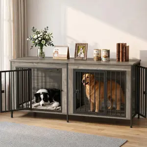 Dual-Compartment Dog Crate with Removable Divider – Use as TV Stand or Side Table. Farmhouse Design, Double-Lock Doors, Heavy Duty. Perfect for Small, Medium & Large Breeds.