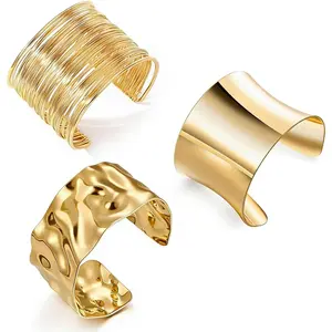 3PCS Gold Chunky Cuff Bracelet Set for Women Irregular Minimalist Statement Open Wide Bangle Upper Arm Cuff Punk Jewelry