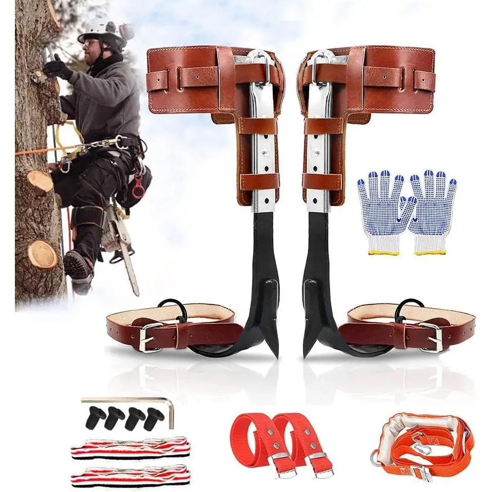Tree Climbing Spikes Set with Harness Belt, Upgrade Cow Leather Tree Climbing Spikes Height Adjustable Tree Climbing Gear Pole Forging Tree Climbing Tool for Outdoor Activities
