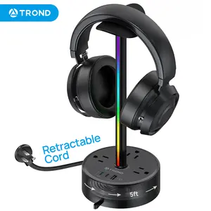 TROND Headphone Stand with PD 20W USB C Charger, RGB Gaming Headset Holder with 3 AC Outlets Extension, 5ft Retractable Power Strip Suitable for Gamer Desktop Table Game Earphone Accessories Gift