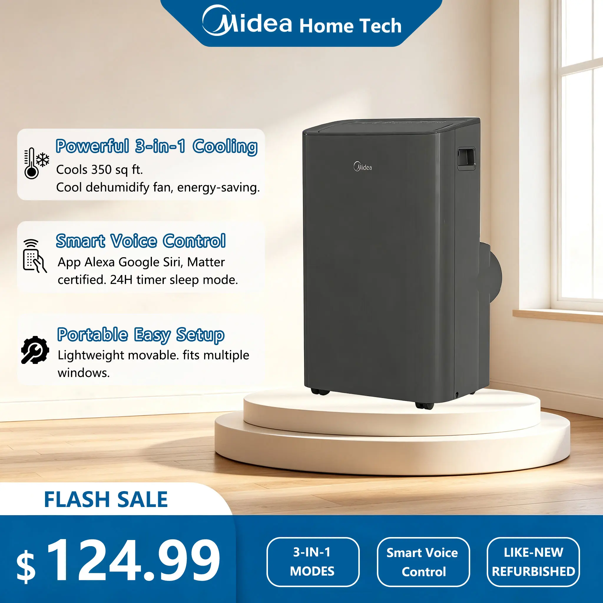 Midea Smart Portable AC 8000 BTU 12K ASHRAE Condition 3-in-1 Cooler Dehumidifier Fan 350 Sq Ft Matter Alexa Google Siri Certified Window Kit Included-Like New