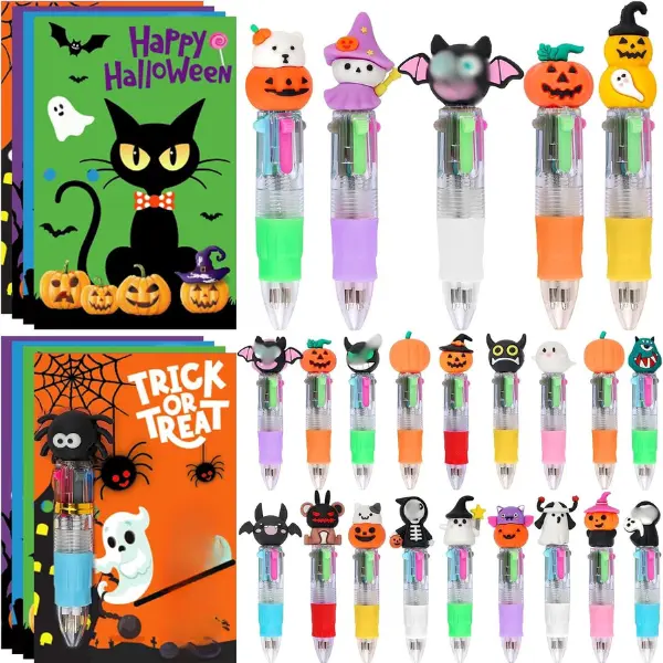 Halloween Fall Gift Party Favors, 24 Pack Halloween Classroom Gifts for Students | Multicolor Pens with Halloween Cards for Trick or Treat Goodie Bag Fillers Classroom Students Gifts