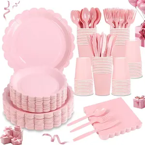 LIYH 350 Pcs Pink Paper Plates and Napkins - 50 Guest Light Pink Party Supplies Include Scalloped Plates Cups Plastic Spoons Forks Knives for  Shower Birthday Party