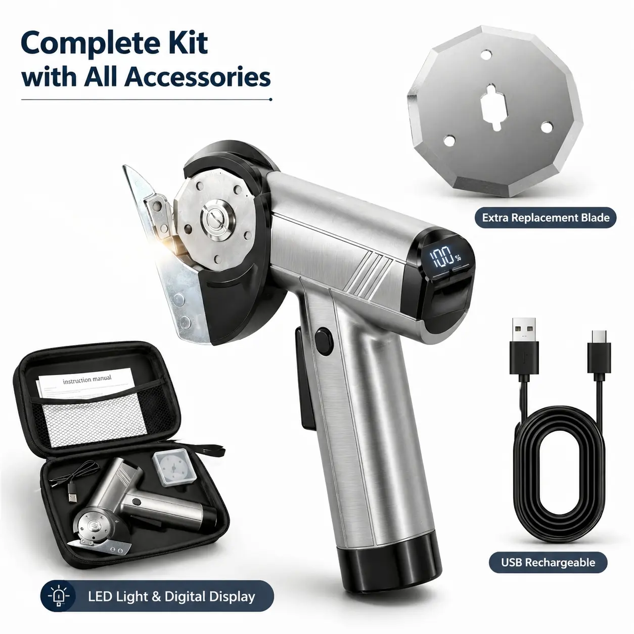 Rechargeable Cordless Electric Rotary Cutter - Handheld Fabric Cutting Tool with Safety Lock, LED Light, Digital Display, Cordless Tool for DIY Fabric, Denim Cutting