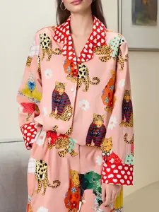 Two-piece Set Women's Heart & Leopard Print Lapel Neck Pajama, Long Sleeve Button Up Top & Elastic Waist Pants Pj Set, Casual Comfortable Sleepwear Loungewear Set for Women