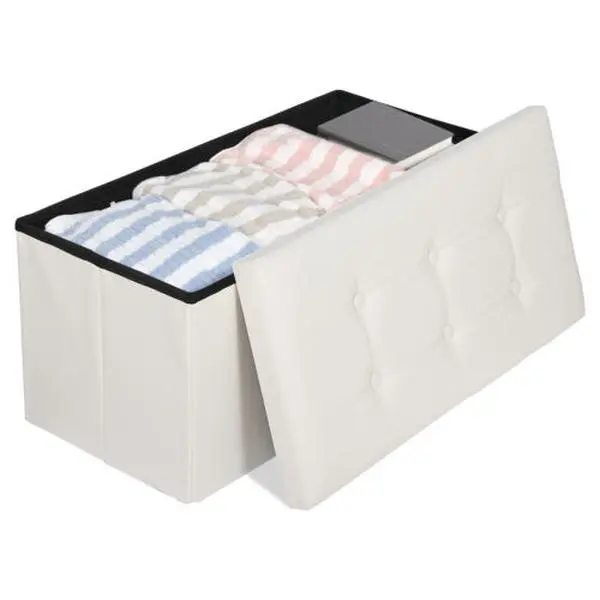 30" Leather Upholstered Foldable Storage Ottoman - Folding Stool, Indoor Furniture Footstool with Storage for Bedroom, Home Decor Accessory, Foot Rest Stools