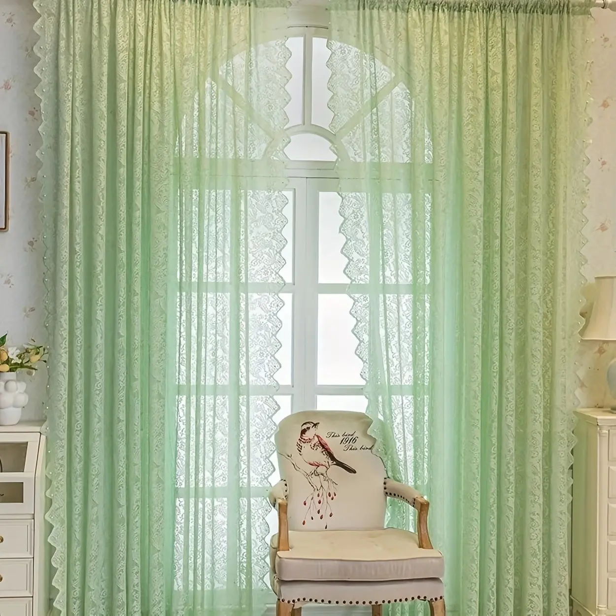 French Lace Curtain Rod Pocket Door Curtain, No Drilling Required, Easy Install Curtain, Privacy Screen for Bedroom & Toilet, Mosquito Protection Home Divider