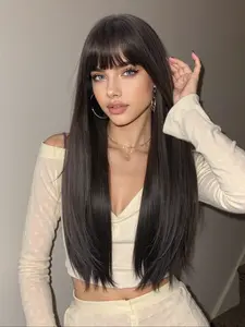 Long Straight Wig with Bangs for Women, 26 Inch Soft and Natural Synthetic Hair High-Temperature Fiber Wig, Perfect for Daily Life and Cosplay Wig, Synthetic Wigs