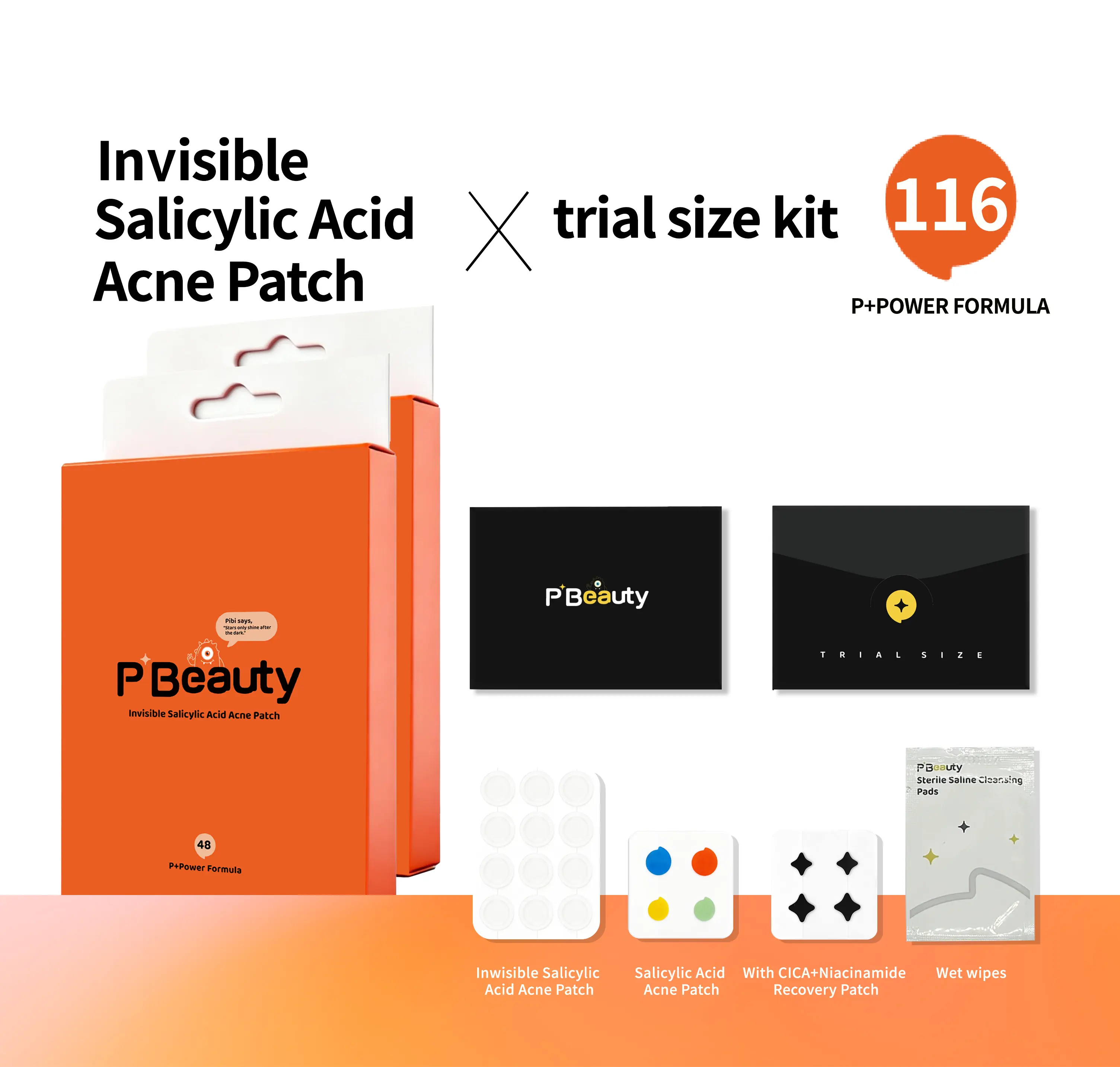 PBeauty Invisible Salicylic Acid Acne Patch Trial Size Kit with CICA Niacinamide Recovery Patch & Wet Wipes 116 P+POWER FORMULA