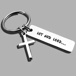 Gothic Cross Car Keychain Religious Jewelry Accessory Let God Lead Design Durable Zinc Alloy Material Perfect Gift for Christian Faith Inspirational Message Minimalist Design Keychain