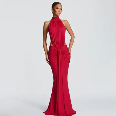 daiki halterneck ruched maxi dress Mew Mews Daiki Halterneck Ruched Maxi Dress In Pink
