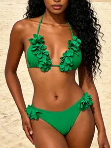 Classic women’s two-piece swimsuit set with ruffles, fashionable sexy halter bikini set for holidays and casual vacations, swimwear/beachwear outfit