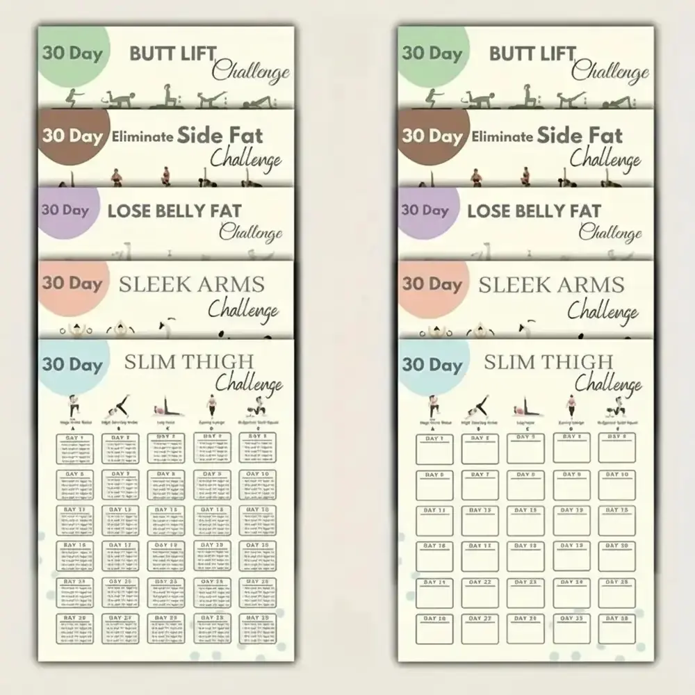 30-Day Home Workout Challenge Poster Set, 20pcs/2 Sets Paper Fitness Plans for Arms, Legs, Abs & Side Fat Eliminate, Lose Burner, Unframed 8x10 Inches